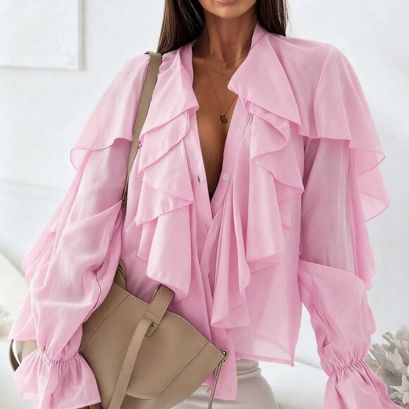 Pink Casual Women's V-Neck Lantern Sleeve Ruffle Boho Beach Top Chiffon Blouse - Picture 1 of 6